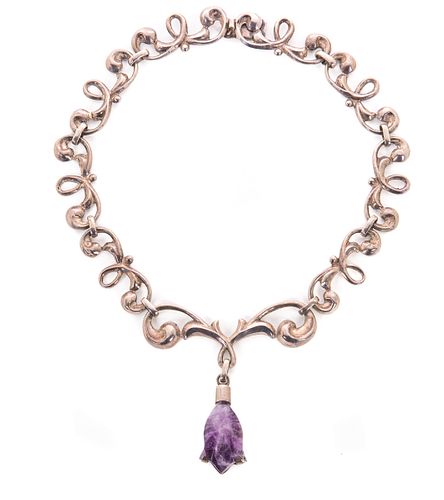 Taxco Mexican Sterling Necklace Carved Amethyst