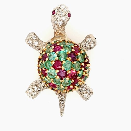 14K Ruby and Emerald Turtle Pin