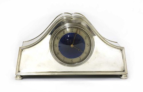 An Arts and Crafts silver-plated mantel clock,