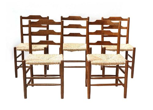 Five Cotswold School 'Clissett'-style oak ladderback chairs,