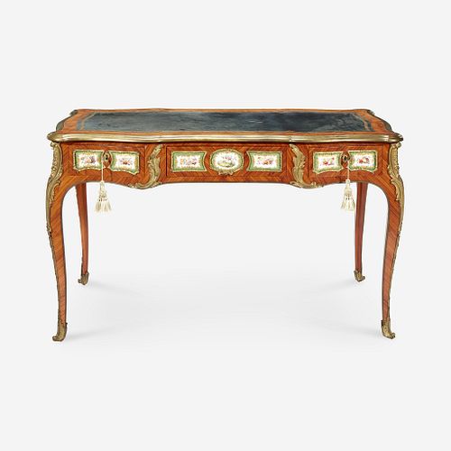 A Louis XV Style Gilt-Bronze and Sèvres Style Porcelain-Mounted Kingwood Bureau Plat With the mark of Edward Holmes Baldock, early 19th century
