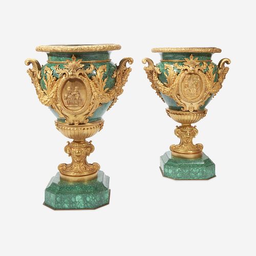 An Impressive Pair of Louis XVI Style Malachite and Gilt Bronze Urns 20th century