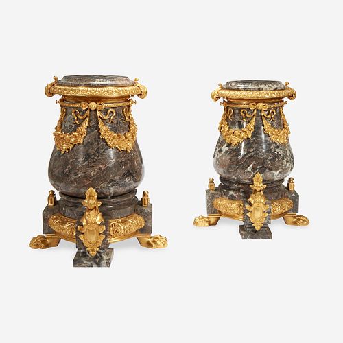 A Pair of Gilt Metal Mounted Variegated Gray Marble Pedestals