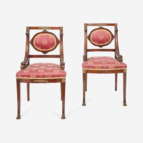 A Pair of Louis Phillippe Ormolu-Mounted Mahogany Bergeres Second quarter 19th century