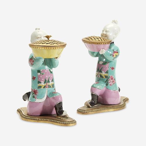 A Pair of Chinese Export Famille Rose Gilt Bronze-Mounted Figural Brûle Parfum The porcelain late 18th/early 19th century