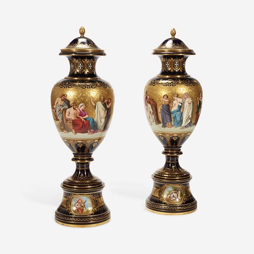 A Large and Fine Pair of Royal Vienna Jeweled Enamel Cobalt Ground Porcelain Covered Vases Signed H. Stadler, late 19th century