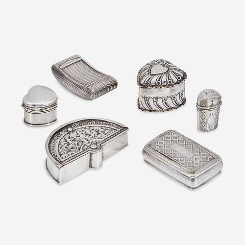 A Group of Six English Silver Boxes Various dates and makers