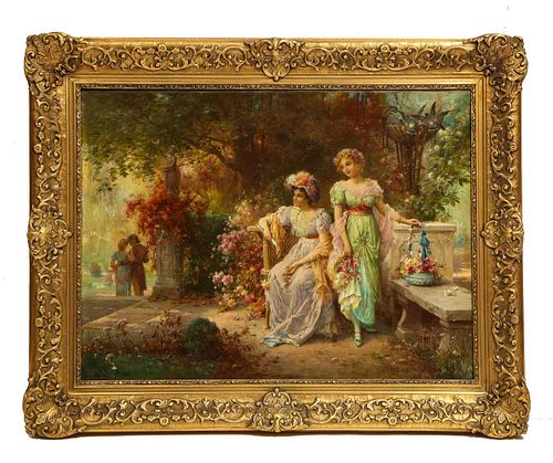 Hans Zatzka "Two Ladies In A Garden" Oil on Canvas Painting