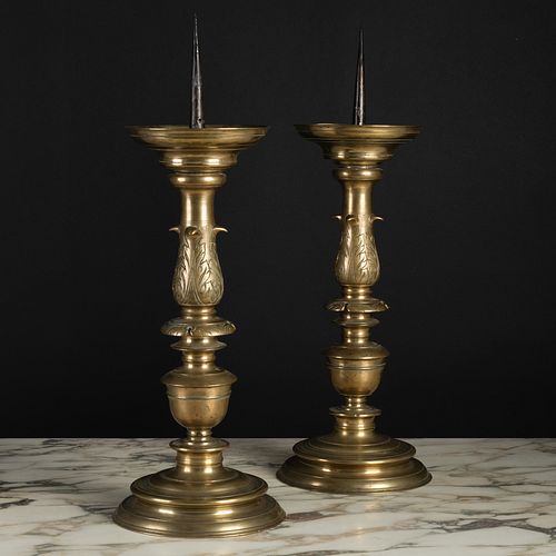 Pair of Unusual Italian Baroque Brass Pricket Candlesticks