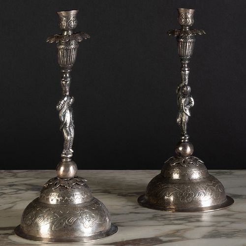Pair of Spanish Colonial Style Silver Metal Etched Figural Candlesticks