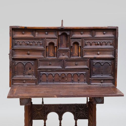 Spanish Wrought-Iron And Velvet-Mounted Inlaid Walnut Vargueno, on Later Stand