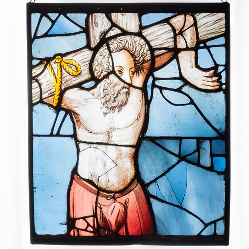 Continental Leaded Stained Glass Panel of Christ on the Cross