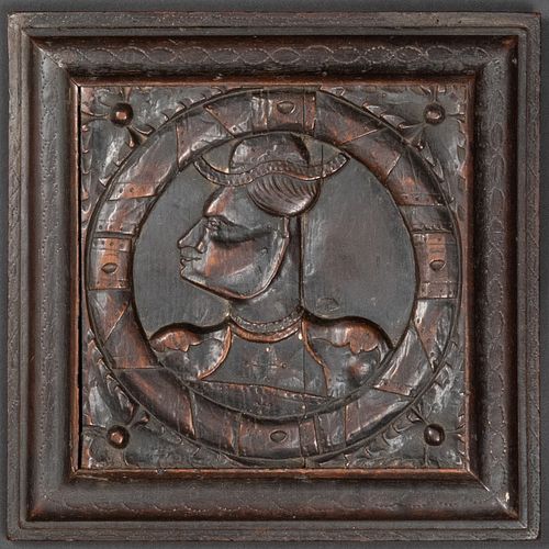 Anglo-French Carved Oak 'Romayne' Profile Portrait Panel