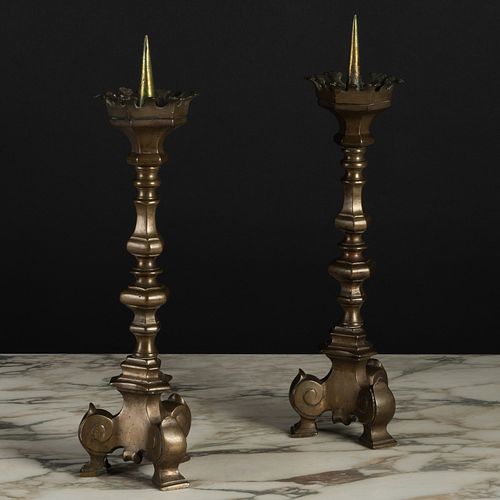 Pair of Italian Baroque Brass Pricket Candlesticks