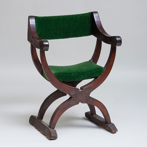 Italian Renaissance Carved Walnut Folding Curule Form 'Dante' Armchair