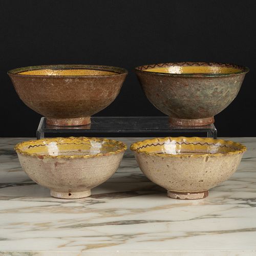 Two Pairs of Earthenware Glazed and Enameled Bowls, Possibly Montiel Studio