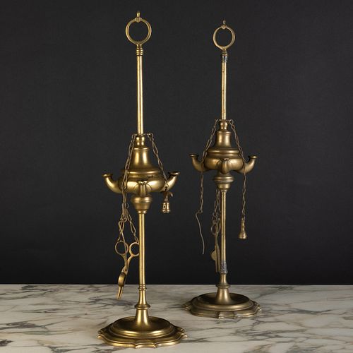 Pair of Continental Brass Oil Lamps, After The Antique 