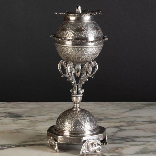 Spanish Colonial Style Silver Metal Perfume Burner with Hippocamp Supports