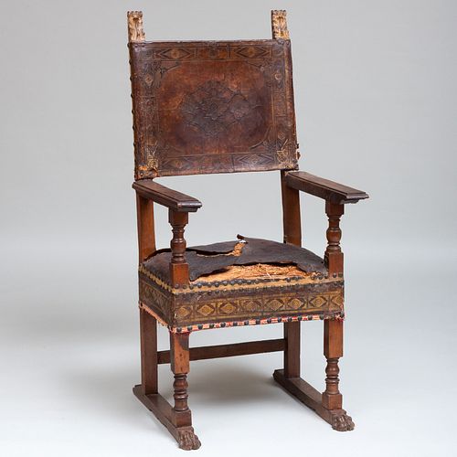 Large Italian Baroque Walnut, Parcel-Gilt and Gilt-Embossed Leather Armchair, Possibly Florence