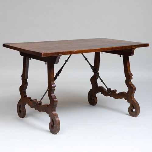 Italian Baroque Style Walnut and Wrought-Iron Trestle Table 