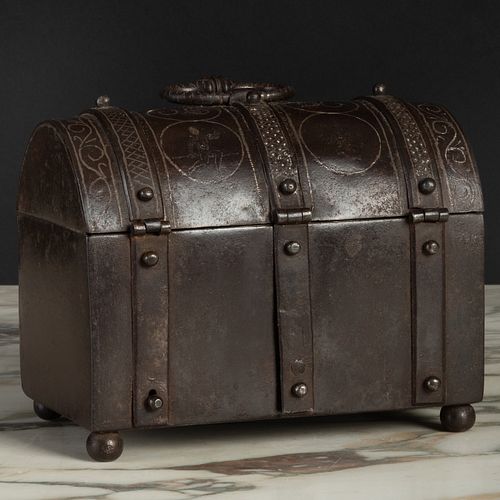 Continental Baroque Inlaid Iron Domed Strongbox