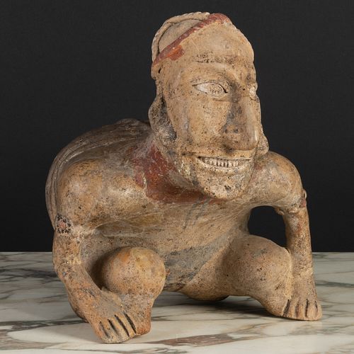 Pre-Columbian Paint Enhanced Pottery Figure of a Crouching Man