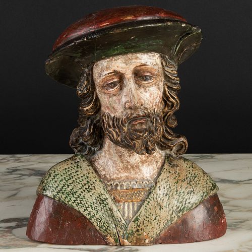 Continental Baroque Polychrome Painted Bust, French or Flemish