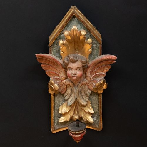 Italian Polychrome Painted and Parcel-Gilt Cherub Carved Wall Light