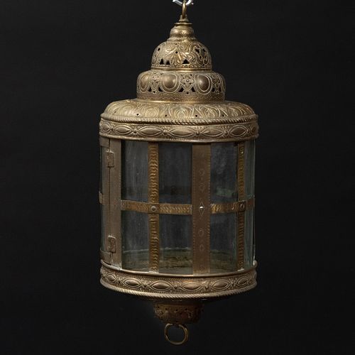 Pressed Brass and Glass Hanging Lantern, Possibly Middle Eastern
