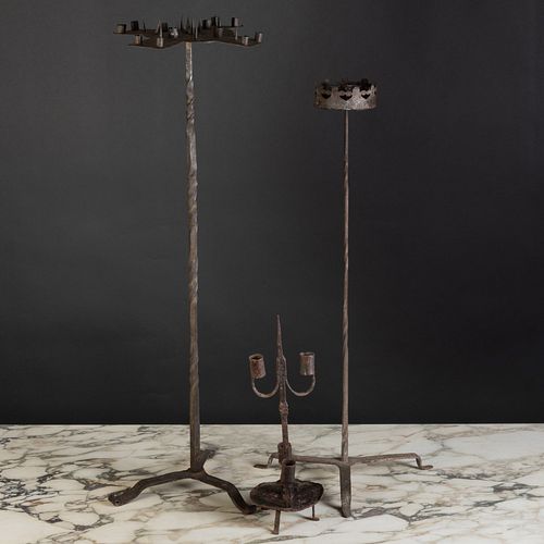 Two Italian Baroque Wrought-Iron Tall Candlesticks and a Two-Light Small Pricket Stick 