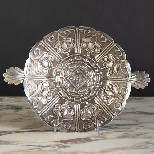 Spanish Colonial Style Silver Metal Repousse Two Handle Bowl