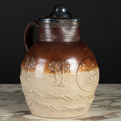 German Silver Plate Mounted Salt Glazed Stoneware Jug And Cover, Possibly Raeren