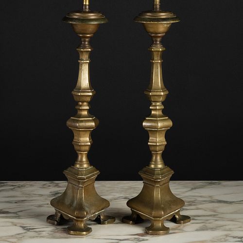Pair of Continental Baroque Style Brass Candlesticks Mounted as Lamps 