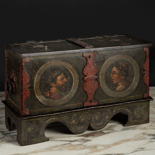 Continental Polychrome-Painted Steel Strongbox, Possibly Italian