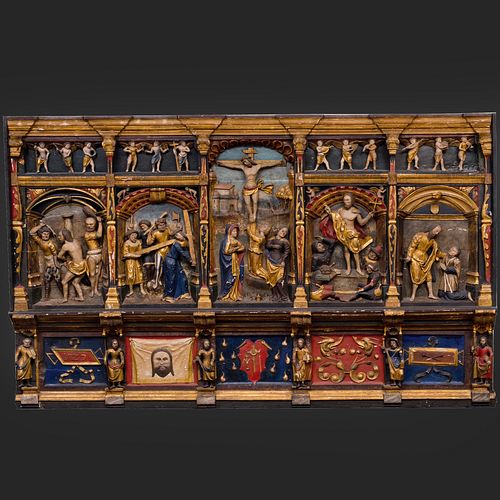 Continental Polychrome-Painted And Parcel-Gilt Reredo, Possibly Flemish, Dated 1529