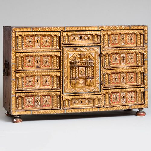 Spanish Iron-Mounted Bone-Inlaid, Parcel-Gilt and Red-Painted Walnut Vargueno 