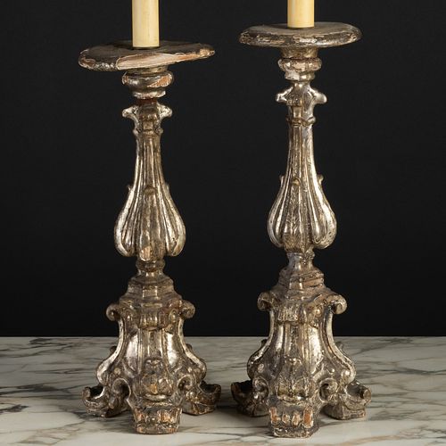 Pair of Italian Silver-Gilt Metal Altar Sticks Mounted as Lamps 