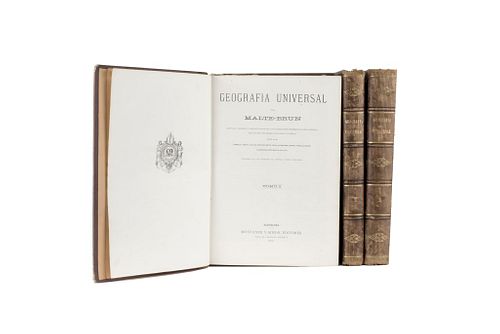 Malte-Brun, Conrad. La Geografía Universal. Barcelona: Montaner y Simón, 1875 - 1876. Tomos I-III. 65 láminas y 9 mapas plegados. Pzs:3