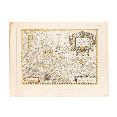 Mercator, Gerhard - Hondius, Jodocus. Hispaniae Novae Nova Descriptio. Amsterdam, ca. 1610. Mapa grabado con limites y detalles a color