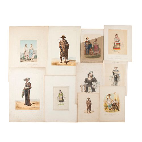 Trajes Mexicanos. Siglo XIX. 1 grabado coloreado, 1 cromolitografía, 8 litografías coloreadas. Varios formatos. Piezas: 10.