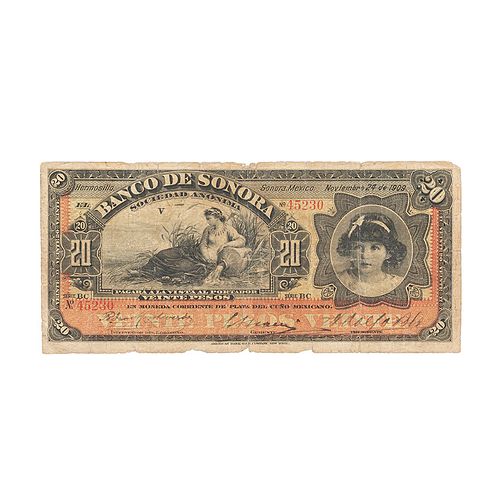El Banco de Sonora. Veinte Pesos. Hermosillo, Sonora. México. Noviembre 24 de 1909.  No. 45,230 - Serie "BC".