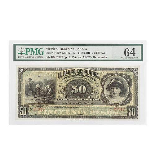 El Banco de Sonora. Cincuenta Pesos. Hermosillo, Sonora, sin año (1899 – 1911). Serie "DS" - No. 27,317. Sin circular - Sin Firmar.