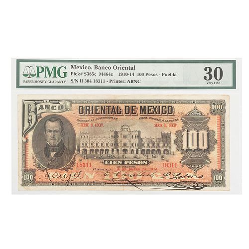 El Banco Oriental de México. Cien Pesos. Puebla 3 deEnero de 1914. Serie "II. CCCIV" -No.18,311. Anverso:Retrato de Estebán de Antuñano