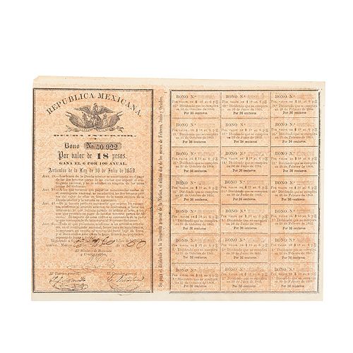 República Mexicana. Deuda Interior. Bono No. 50,922. Por Valor de 18 Pesos. México, 1860.