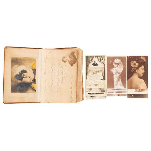 Michel y Parra, Alberto. Recuerdos Teatrales. México, Principios Siglo XX. Álbum de autógrafos de actrices de teatro y 11 fotopostales.