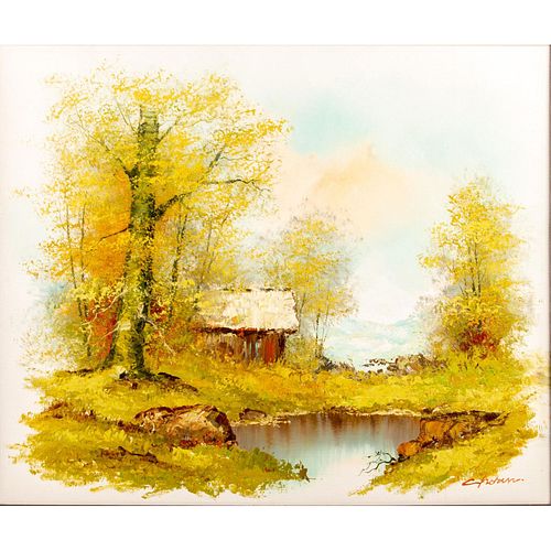 Framed, Oil Painting on Canvas, Cabin by the Lake