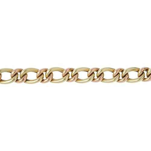A fancy-link bracelet. Of bi-colour design, the fetter and single-link chain, to the partially conce