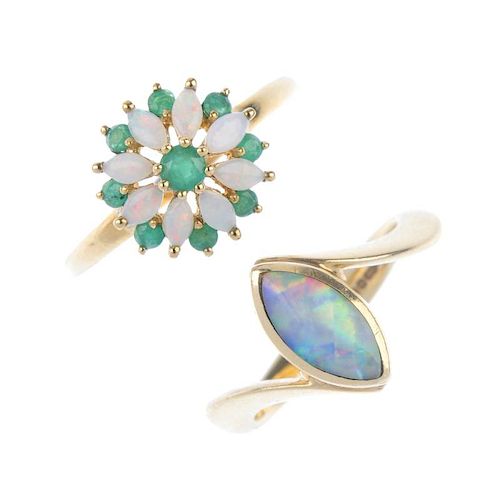 A selection of five gem-set rings. To include an emerald and opal floral cluster ring, a freshwater