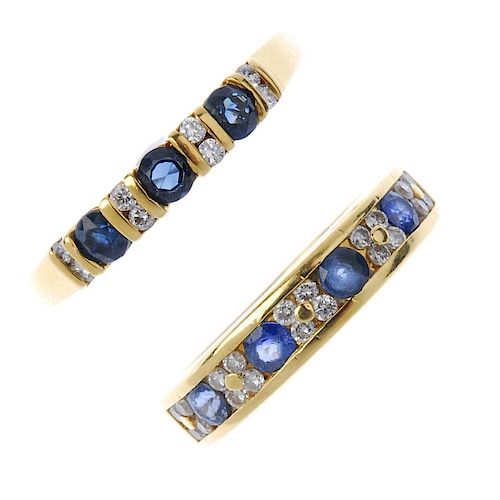 Two 18ct gold sapphire and diamond band rings. The first designed as three circular-shape sapphires