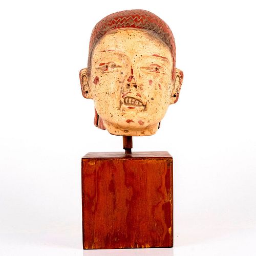 Pre Columbian Replica Head Sculpture on Wood Base